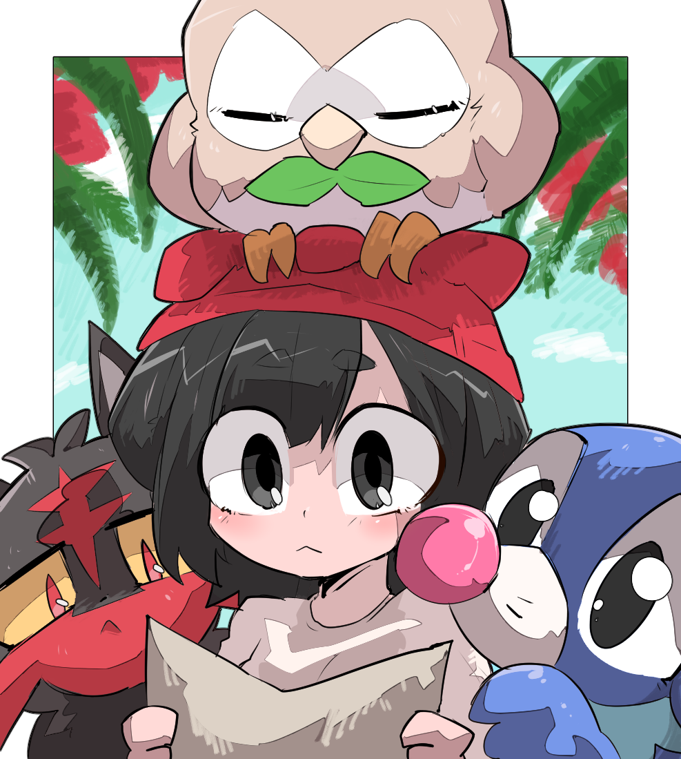 1girl, :<, bangs, beanie, bird, black_eyes, black_hair, blush