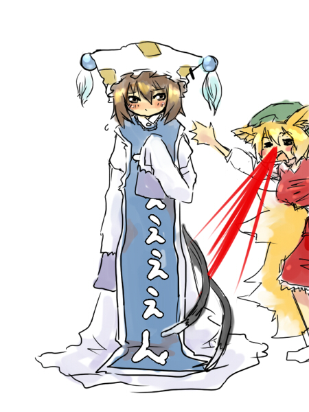 aiu, animal_ears, bad_id, blonde_hair, blood, blush, brown_hair, cat_tail