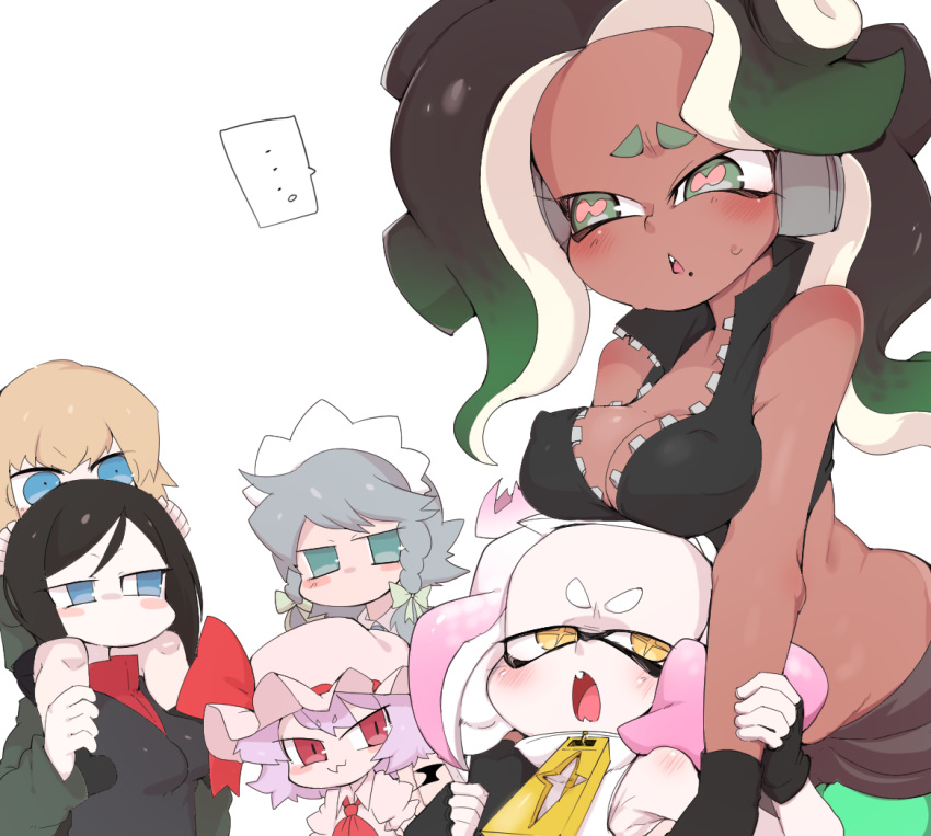+_+, ..., 6+girls, :3, aqua_eyes, aqua_legwear, bare_shoulders, bat_wings