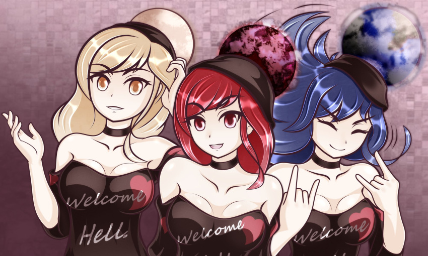3girls, \n/, bangs, bare_shoulders, black_choker, black_shirt, blonde_hair, blue_eyes