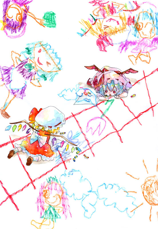 colorful, crayon, crayons, flandre_scarlet, remilia_scarlet, siblings, sisters, touhou