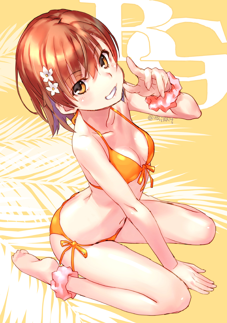 1girl, ankle_scrunchie, barefoot, bikini, breasts, brown_eyes, brown_hair, front-tie_top