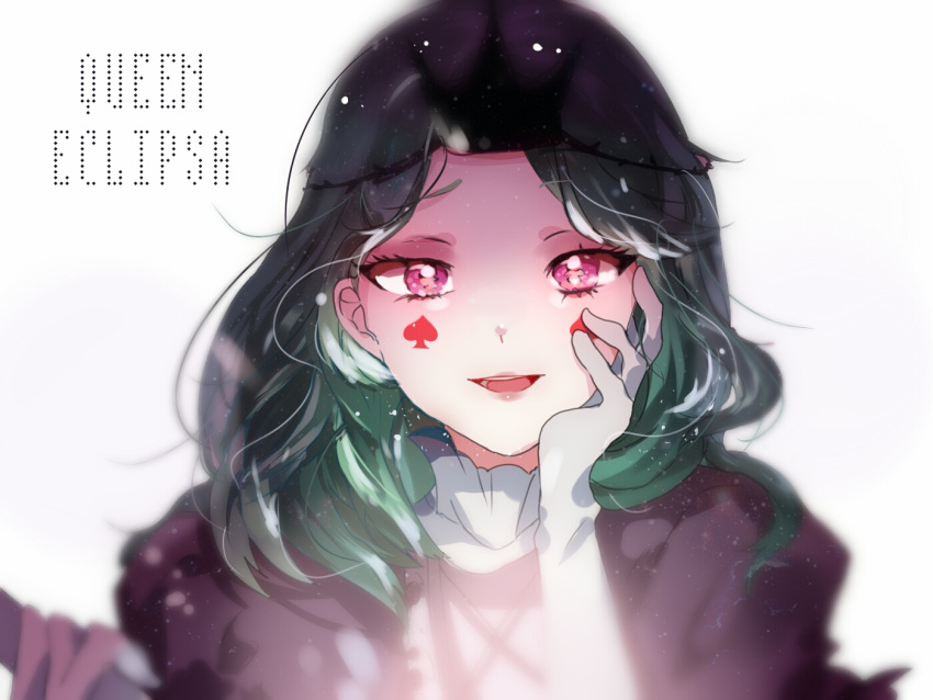 1girl, :d, character_name, eclipsa_butterfly, facial_mark, gloves, green_hair, hand_on_own_cheek