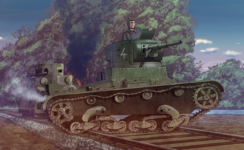 1boy, armored_vehicle, caterpillar_tracks, clouds, earasensha, ground_vehicle, military, military_vehicle