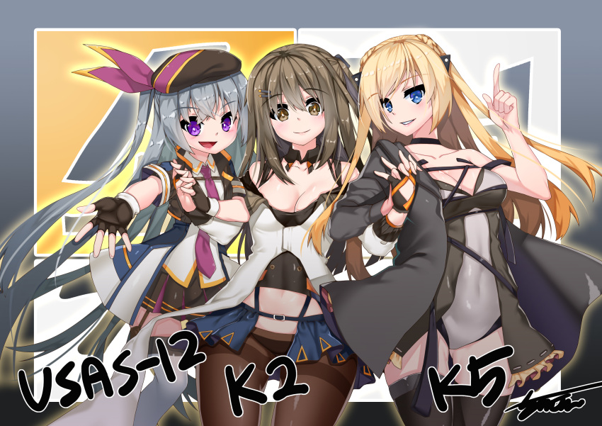 3girls, bangs, black_skirt, blonde_hair, blue_eyes, breasts, brown_eyes, brown_hair, cleavage, closed_mouth, collarbone, eyebrows_visible_through_hair, finger_gun, fingerless_gloves, girls_frontline, gloves, hair_ornament, hairclip, hat, highres, jacket, k-2_(girls_frontline), k-5_(girls_frontline), long_hair, long_sleeves, looking_at_viewer, miniskirt, multiple_girls, navel, necktie, open_clothes, open_jacket, open_mouth, panties, pantyhose, ribbon, silver_hair, skirt, smile, underwear, usas-12_(girls_frontline), violet_eyes, white_legwear, z1004ero