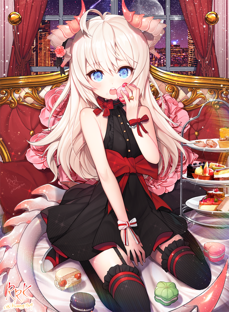1girl, :o, bangs, bare_shoulders, black_dress, black_legwear, blue_eyes, blush