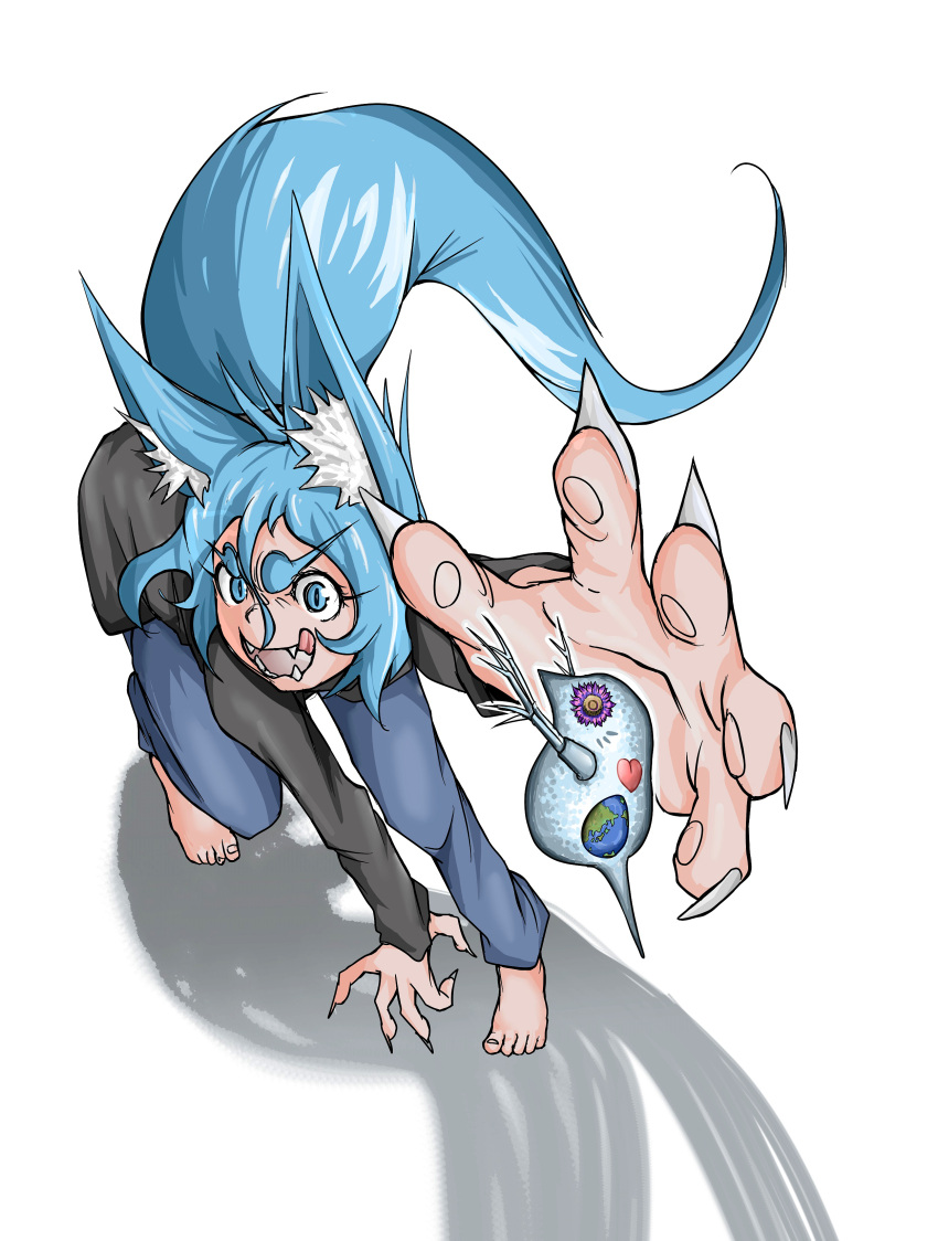 1girl, absurdres, all_fours, amoeba, animal_ears, barefoot, blue-haired_girl_(doitsuken), blue_eyes