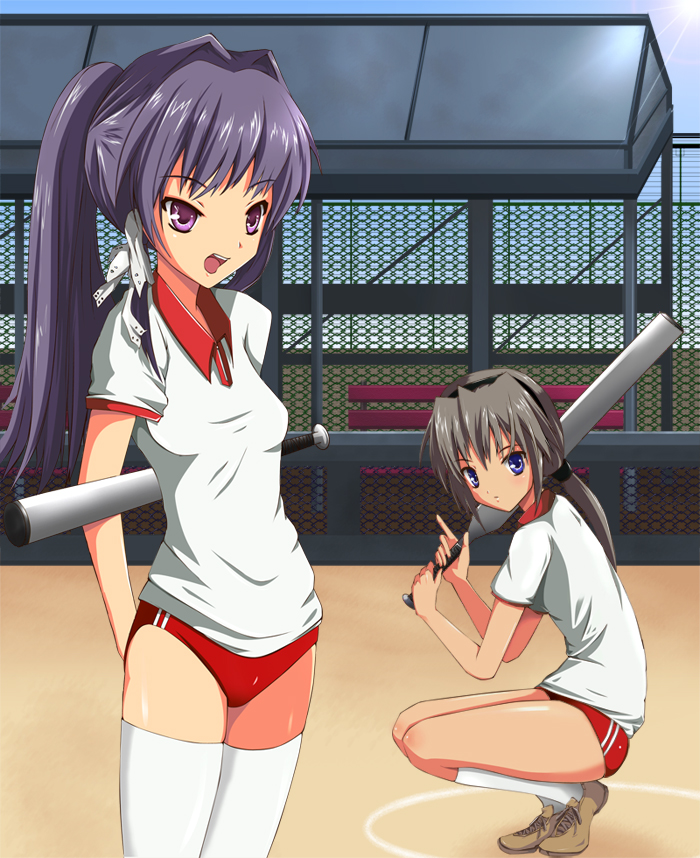 baseball_bat, blue_eyes, buruma, clannad, fujibayashi_kyou, gym_uniform, long_hair, ponytail