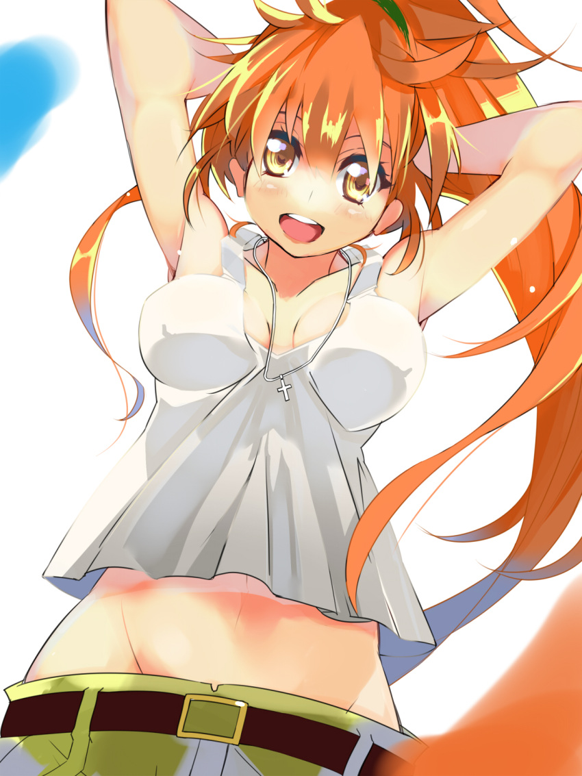 1girl, arms_behind_head, belt, blaze_(artist), breasts, cleavage, cross, cross_necklace