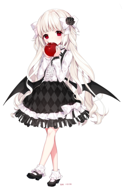 apple, bangs, bow, chibi, commission, demon_wings, dress, flower