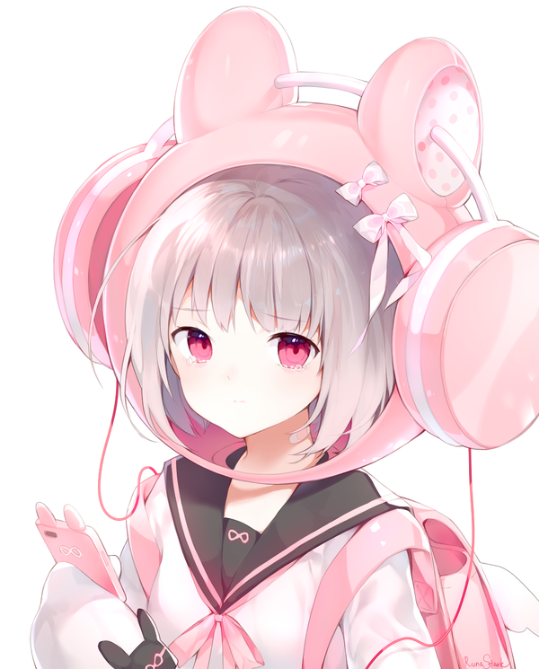 backpack, bag, bangs, bow, brown_hair, cellphone, commission, grey_hair