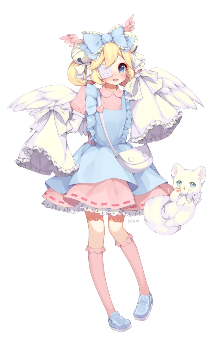 1girl, angel_wings, bangs, bell, blonde_hair, blue_eyes, bow, cat