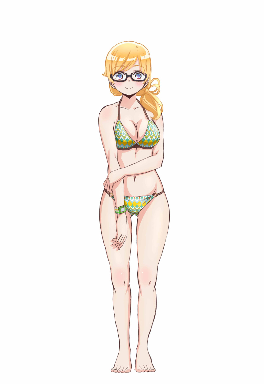 1girl, absurdres, bikini, blonde_hair, blue_eyes, blush, breasts, cleavage