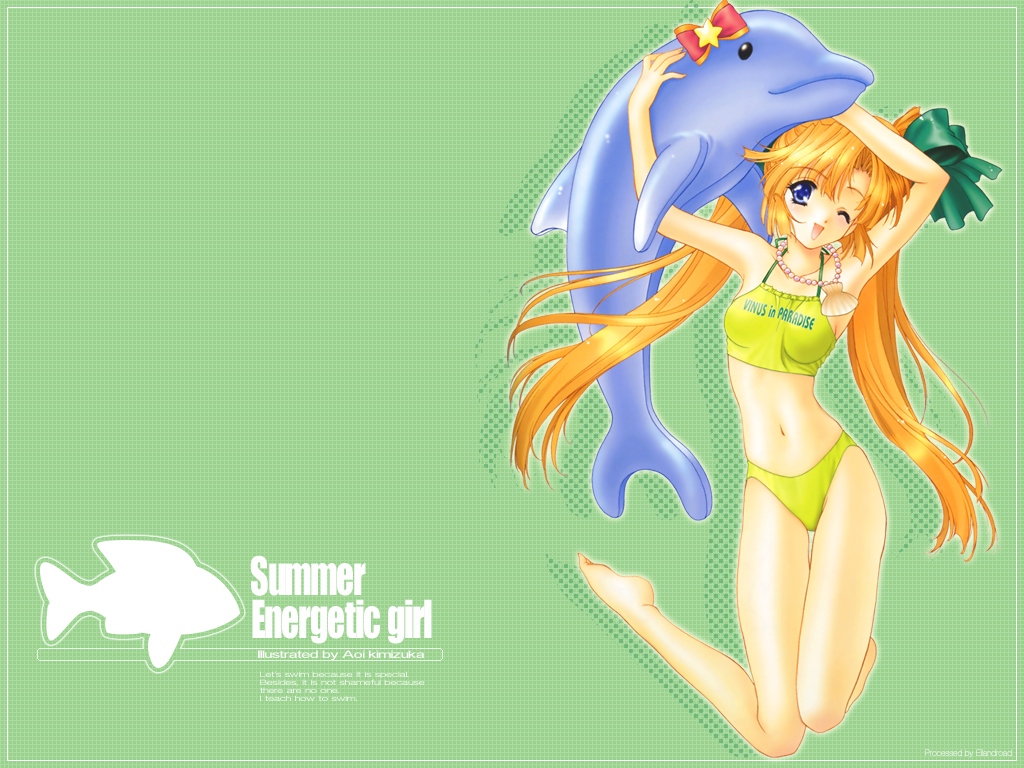 barefoot, bikini, blonde_hair, blue_eyes, dolphin, dolphins, engrish, inflatable_raft