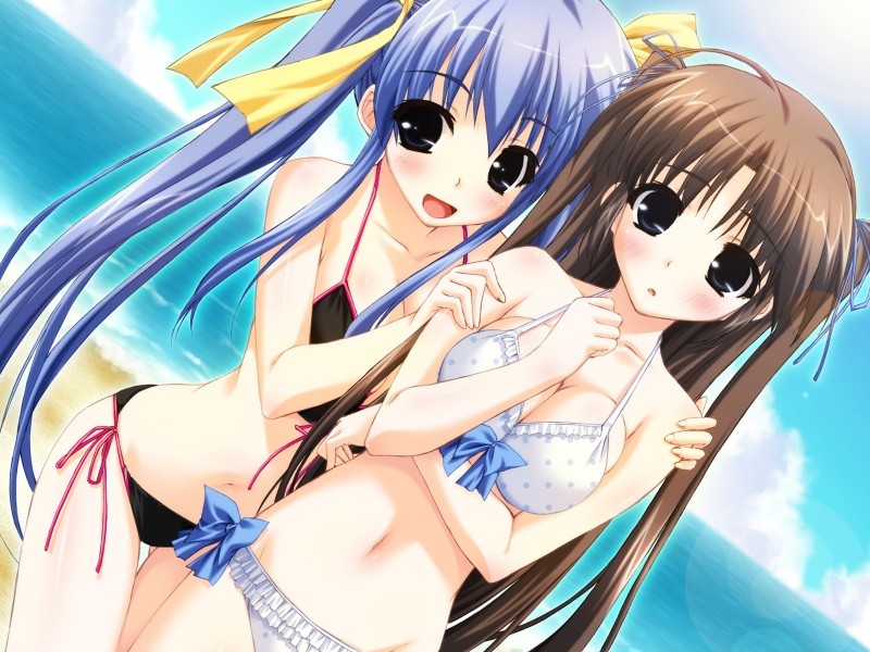 beach, bikini, black_eyes, blue_hair, blush, breast_squeeze, breasts, brown_hair, cleavage, dutch_angle, game_cg, hair_ribbon, kamipani!, katase_megumi, kujou_amane, long_hair, multiple_girls, polka_dot, polka_dot_bikini, polka_dot_swimsuit, ribbon, shintaro, shintarou, side-tie_bikini, swimsuit, twintails