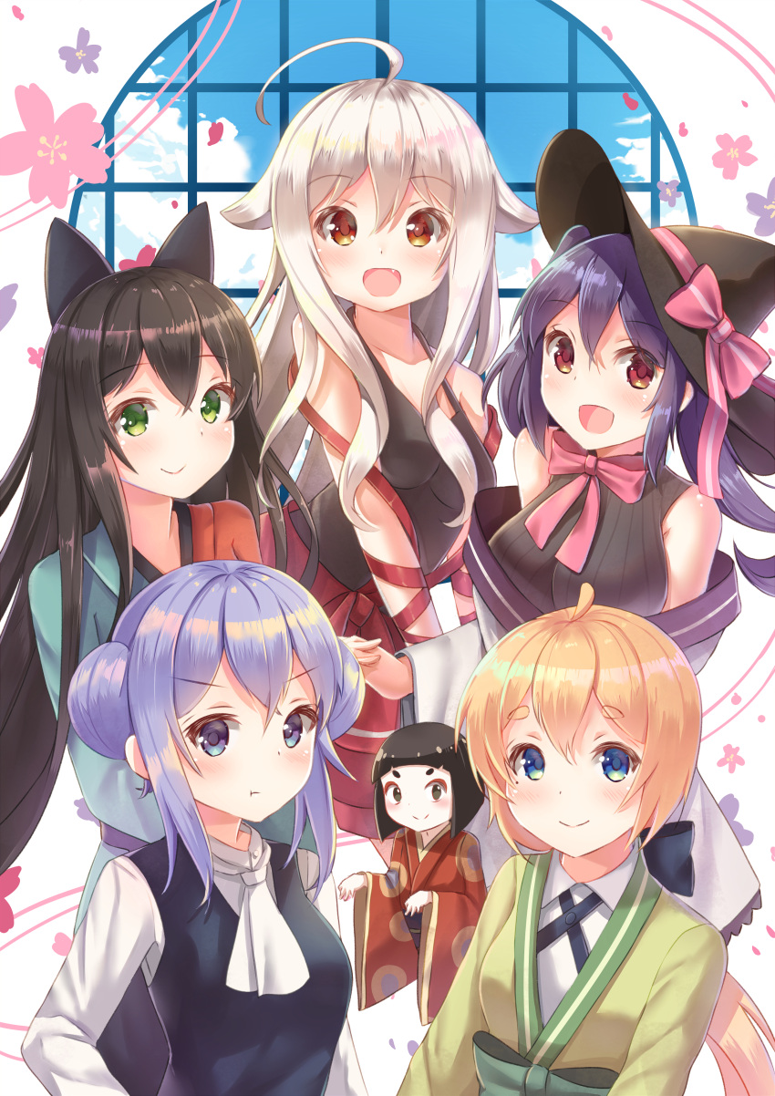 5girls, :d, :t, absurdres, ahoge, animal_ears, ascot, bangs