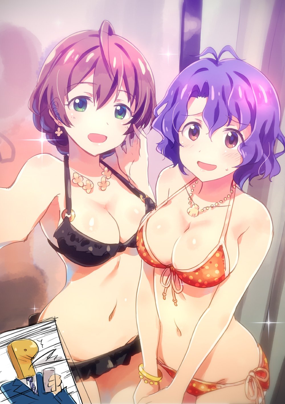1boy, 2girls, ahoge, bangs, bikini, black_bikini, blue_hair, braid, breasts, brown_eyes, brown_hair, business_suit, cellphone, cleavage, collarbone, commentary, formal, french_braid, green_eyes, groin, hair_between_eyes, highres, idolmaster, idolmaster_million_live!, idolmaster_million_live!_theater_days, jewelry, large_breasts, looking_at_viewer, midriff, multiple_girls, navel, necklace, open_mouth, orange_bikini, p-head_producer, phone, sakuramori_kaori, short_hair, side-tie_bikini, smartphone, smile, suit, sweatdrop, swimsuit, thighs, toyokawa_fuuka, wavy_hair, yuuki_tatsuya