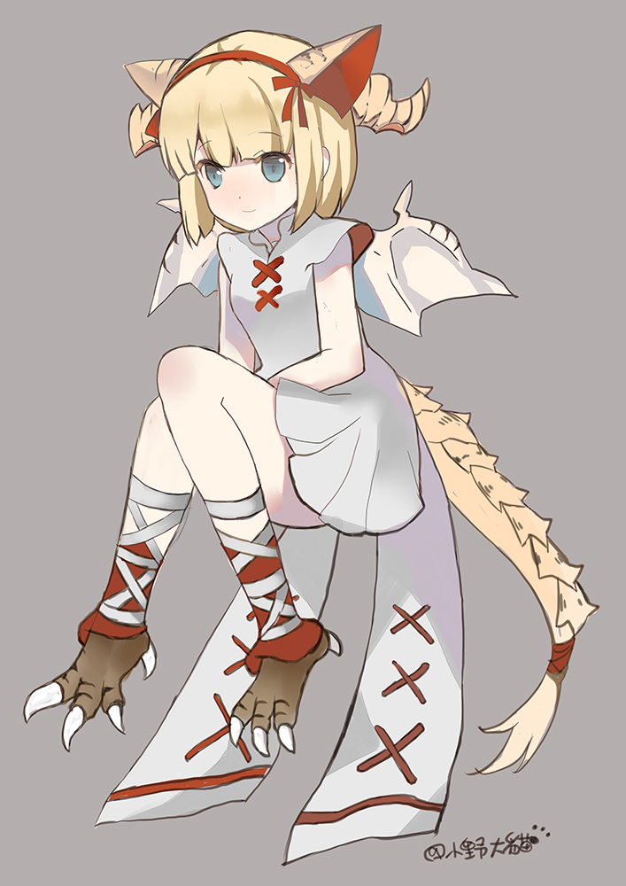 1girl, blonde_hair, blue_eyes, blush, bow, claws, closed_mouth, commentary_request