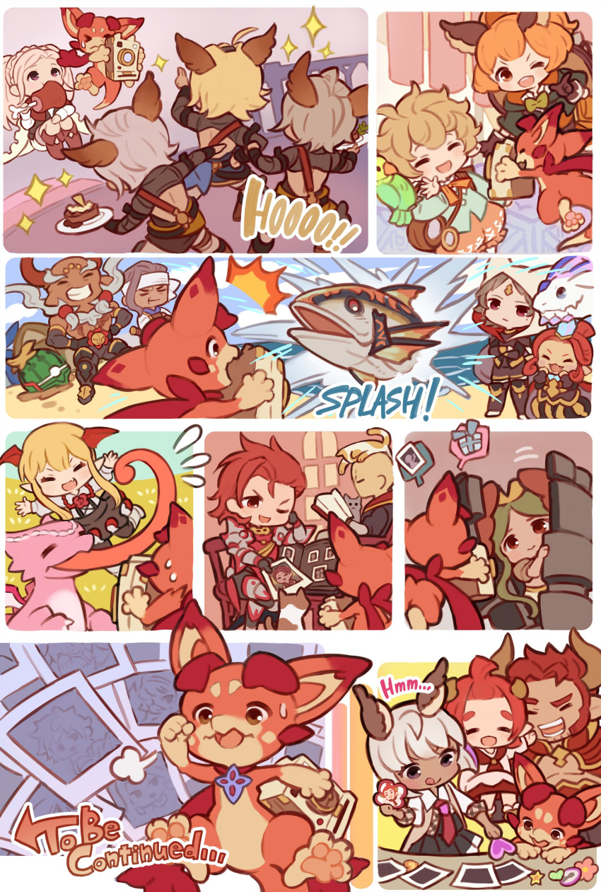 absurdres, agielba, amira_(shingeki_no_bahamut), ardora, beth_(shingeki_no_bahamut), bird, blonde_hair, blue_eyes, brown_hair, cape, chloe_(granblue_fantasy), closed_eyes, dante_(granblue_fantasy), dragon, draph, eating, elsam_(granblue_fantasy), erune, fish, food, fruit, funf, ghandagoza, granblue_fantasy, green_hair, hair_slicked_back, harvin, highres, karteira, kattakuri_(granblue_fantasy), lowain_(granblue_fantasy), multicolored_hair, official_art, one_eye_closed, orange_hair, parrot, percival_(granblue_fantasy), polaroid, purple_hair, red_eyes, redhead, sand, sierokarte, six_(granblue_fantasy), sparkle, sweat, tan, tomoi_(granblue_fantasy), tongue, tongue_out, two-tone_hair, vampire, vampy, vee_(granblue_fantasy), violet_eyes, watermelon, white_hair