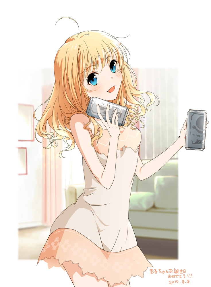 1girl, ahoge, bangs, bare_shoulders, blonde_hair, blue_eyes, can, chou_idol_densetsu_oomori_anko