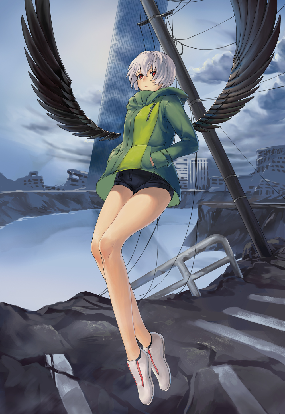 1girl, black_shorts, black_wings, building, closed_mouth, clouds, cloudy_sky, floating