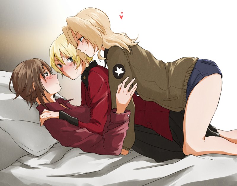 3girls, blonde_hair, blue_eyes, blush, bomber_jacket, brown_hair, darjeeling, girl_sandwich