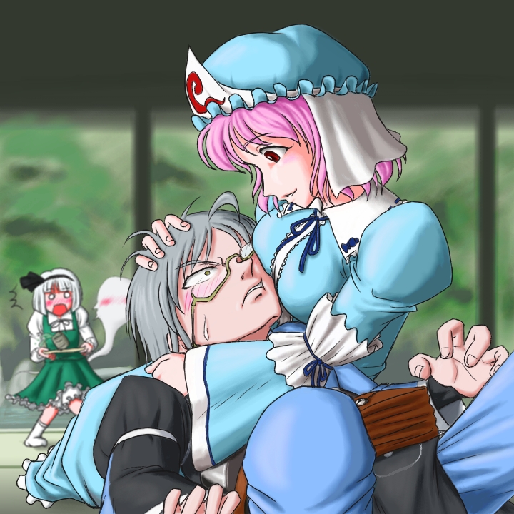 couple, glasses, grey_hair, hitodama, hug, konpaku_youmu, konpaku_youmu_(ghost), morichika_rinnosuke