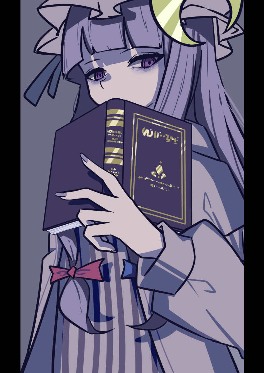 1girl, absurdres, aie, blue_bow, book, bow, crescent, hair_bow