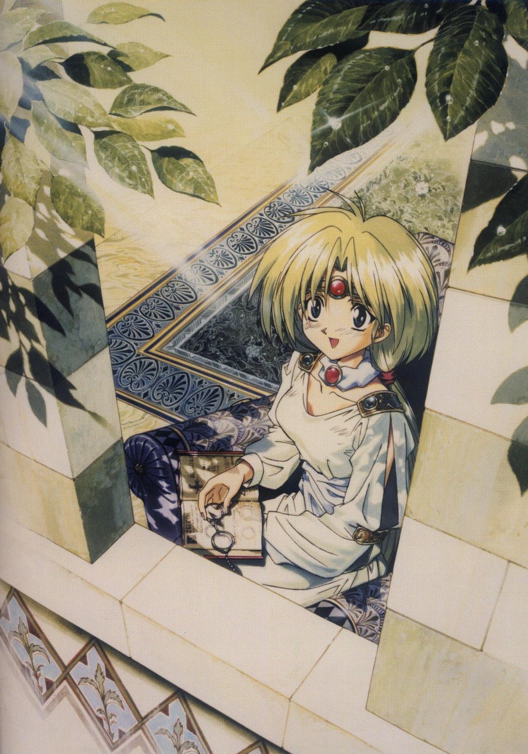 1girl, 90s, blue_eyes, book, circlet, elbow_gloves, gloves, green_hair