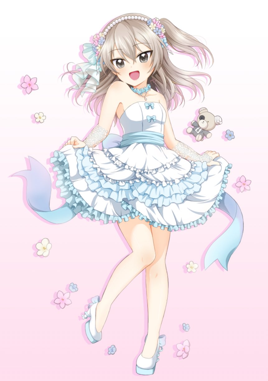 1girl, :d, bangs, bare_shoulders, blue_choker, boko_(girls_und_panzer), brown_eyes, choker, commentary_request, dress, eyebrows_visible_through_hair, flower, formal, frilled_dress, frills, full_body, girls_und_panzer, gradient, gradient_background, hair_flower, hair_ornament, hairband, high_heels, highres, jewelry, layered_dress, light_brown_hair, long_hair, looking_at_viewer, medium_dress, necklace, open_mouth, parda_siko, pink_background, shimada_arisu, side_ponytail, skirt_hold, smile, solo, standing, standing_on_one_leg, strapless, strapless_dress, stuffed_animal, stuffed_toy, teddy_bear, white_dress, white_footwear, white_hairband