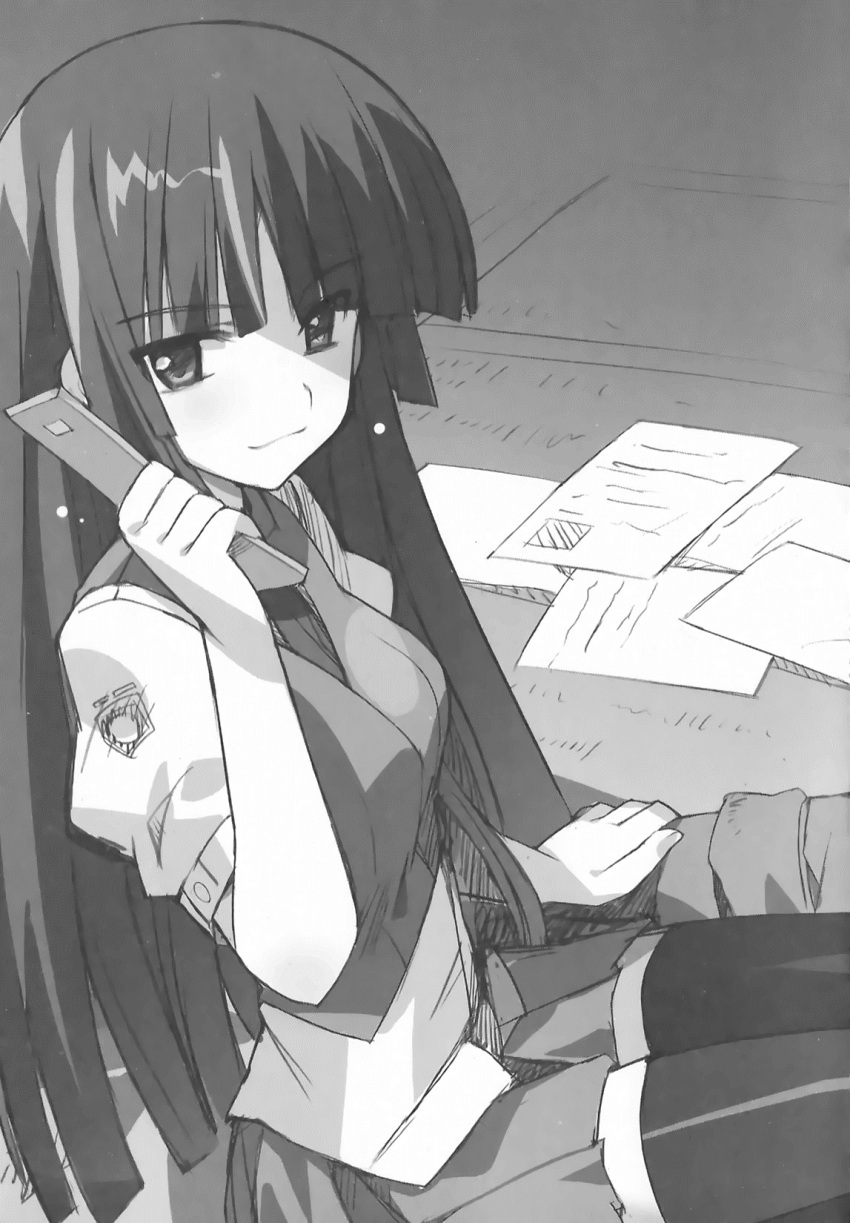 1girl, bangs, blunt_bangs, campione!, greyscale, highres, hime_cut, holding