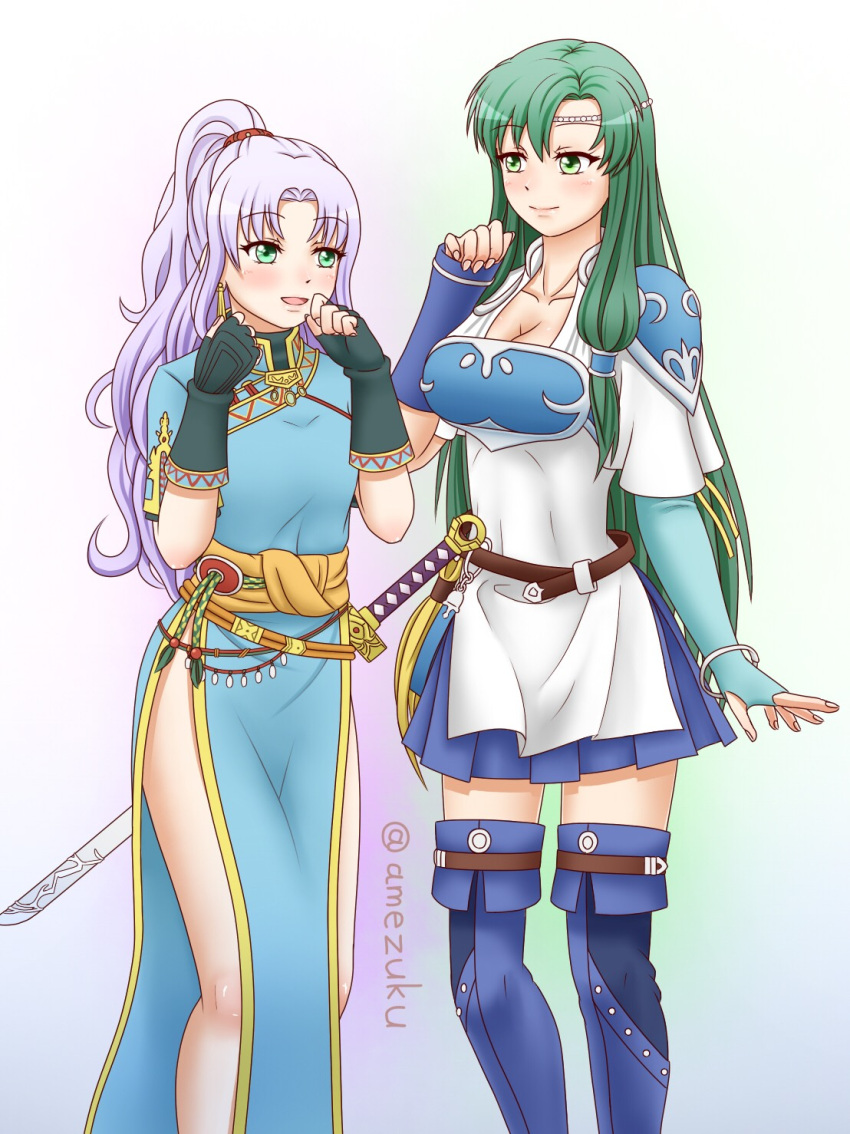 2girls, :d, amezuku, arm_warmers, armor, artist_name, asymmetrical_gloves, bangle