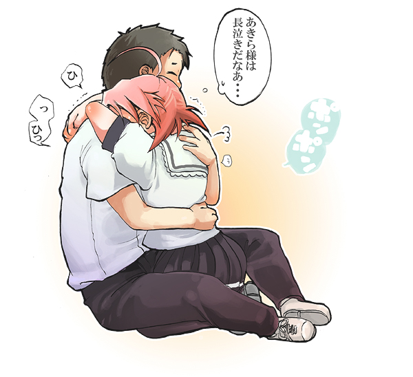 chinki, hug, kogami_akira, lucky_star, pink_hair, sad, shiraishi_minoru, short_hair