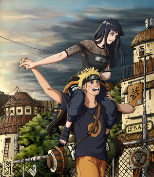 blonde_hair, blue_eyes, buildings, clouds, couple, fence, fishnets, hand_holding, hand_on_head, headband, hyuuga_hinata, jacket, jeans, jinchuruki, kunoichi-san, long_hair, lowres, naruto, necklace, ninja, open_mouth, pants, piggyback, power_lines, purple_hair, sandals, scenery, scroll, shirt, sky, smile, strap_slip, sunset, t-shirt, tank_top, trees, uzumaki_naruto, white_eyes