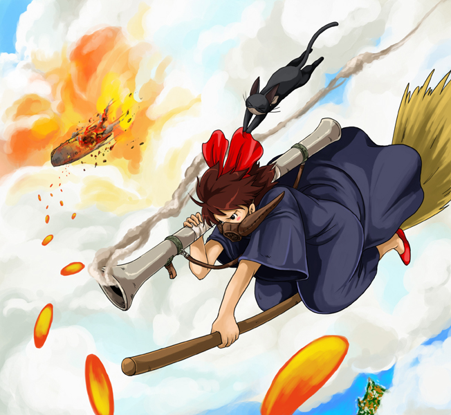 bazooka, black_cat, bow, broom, broom_riding, brown_eyes, brown_hair, cat
