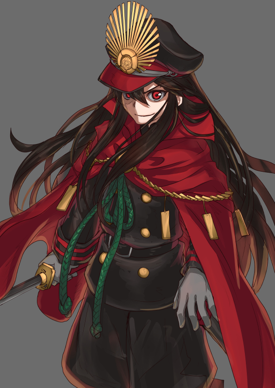 1girl, belt, black_hair, black_hat, cape, double-breasted, family_crest, fate/grand_order