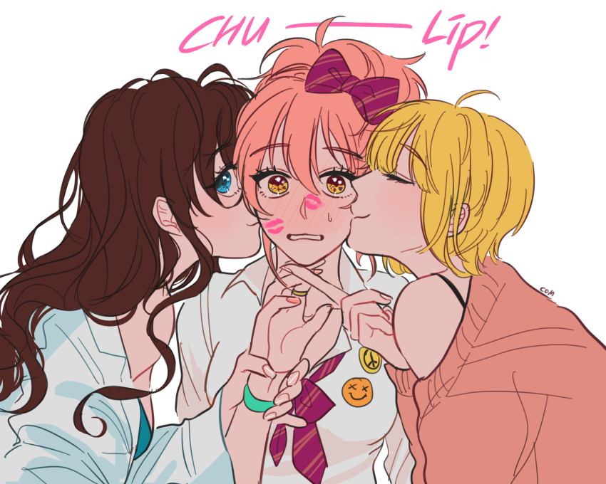 3girls, artist_name, blonde_hair, blue_eyes, blush, brown_hair, closed_eyes, com_(com0107)