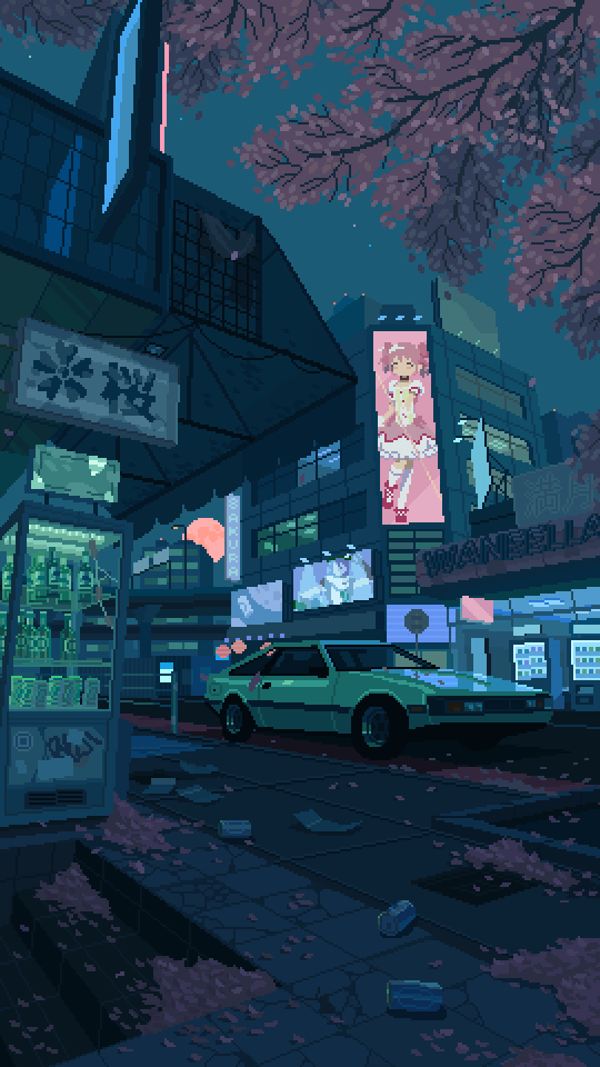 animated, animated_gif, artist_name, billboard, building, car, ground_vehicle, kaname_madoka