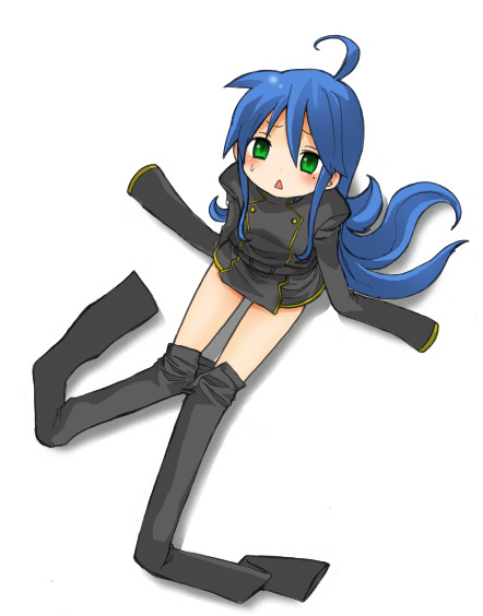 ahoge, bad_id, blue_hair, blush, code_geass, cosplay, green_eyes, izumi_konata