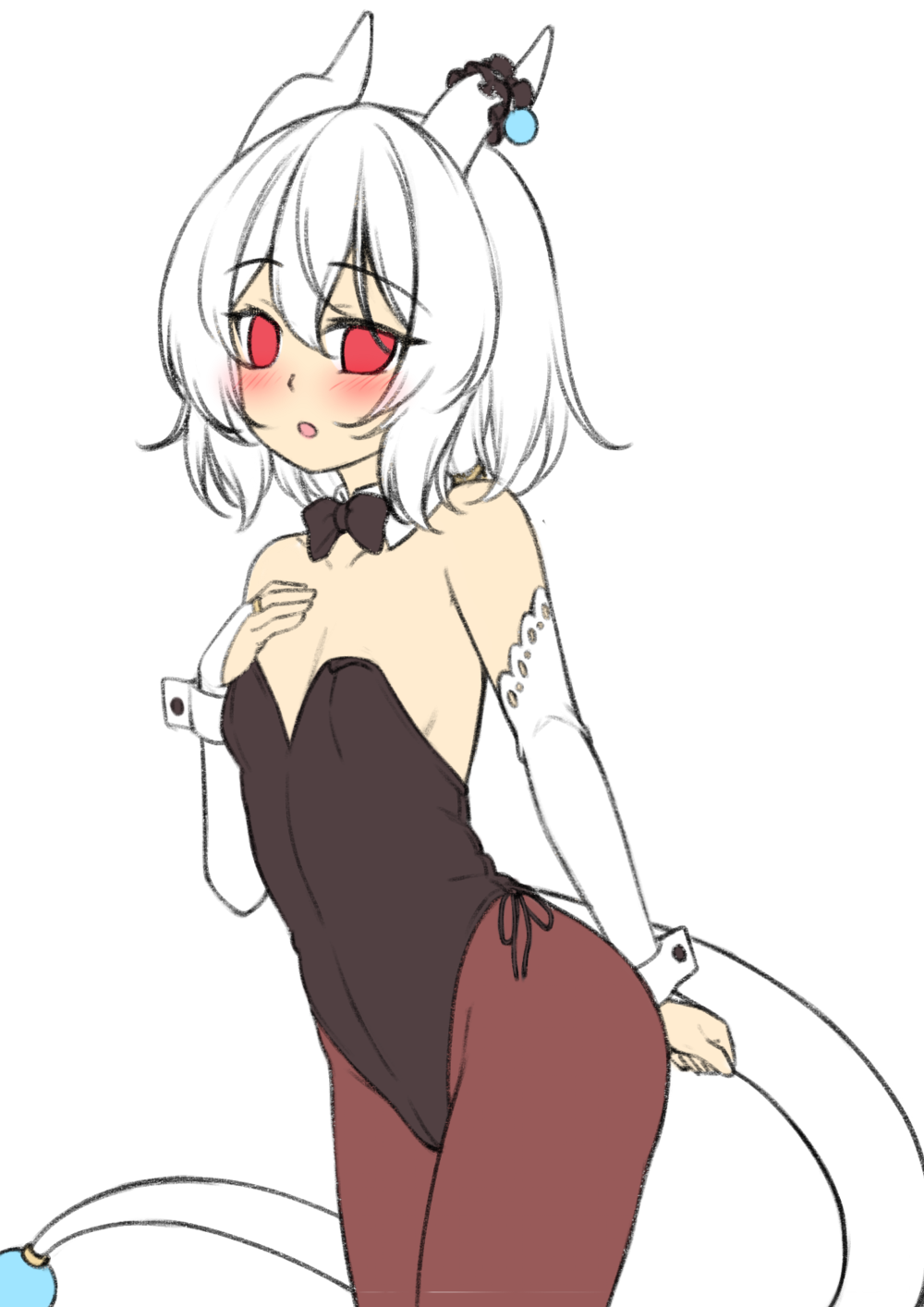 1girl, bare_shoulders, blush, bow, bowtie, bridal_gauntlets, brown_legwear, bunnysuit