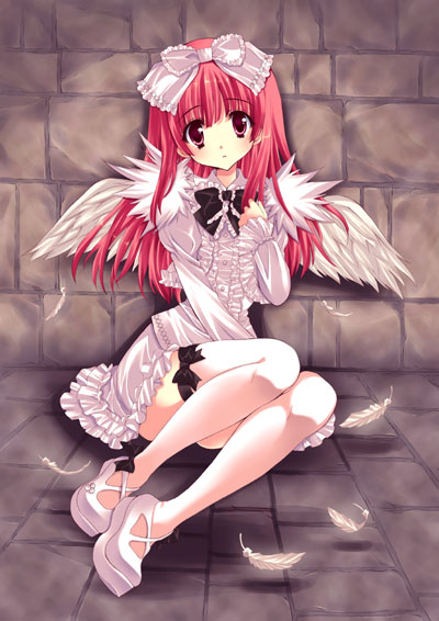 1girl, bow, deathsmiles, feathers, frills, gothic_lolita, hair_bow, legs