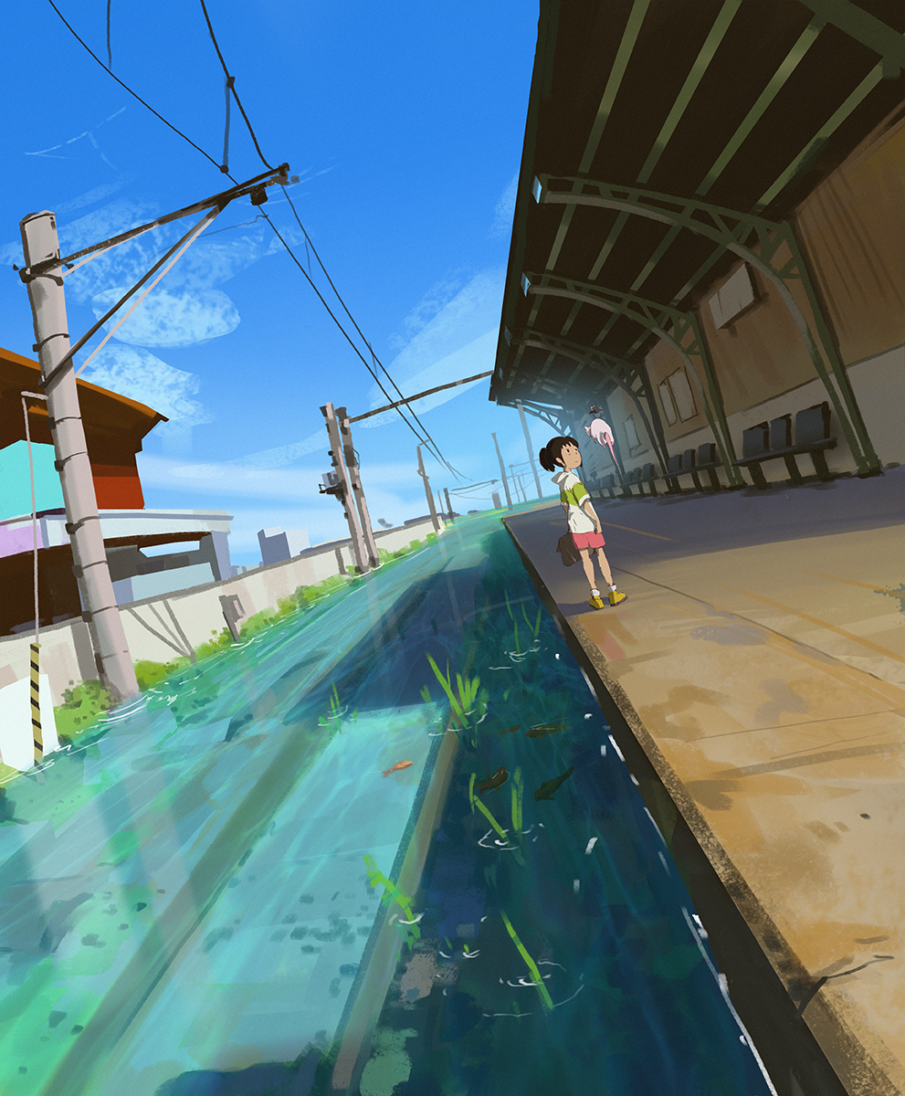 1girl, bag, bare_arms, bare_legs, bench, blue_sky, brown_hair, carrying