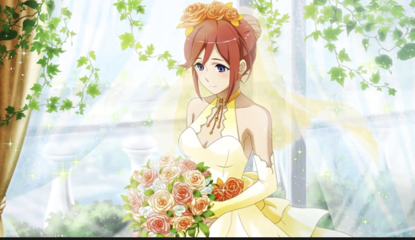 1girl, blue_eyes, bouquet, breasts, dress, flower, gown, hair_flower