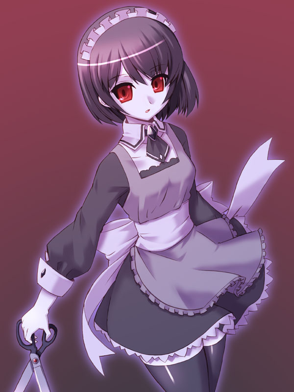 brown_hair, maid, pale_skin, red_eyes, rosemary, scissors, short_hair, thighhighs