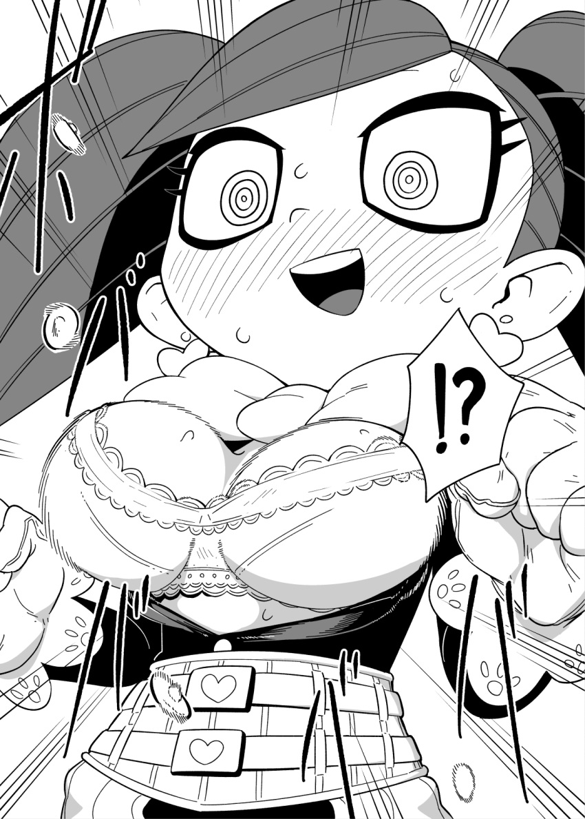 1girl, aiba_manami, blush, boku_no_hero_academia, bow, bowtie, bra, breasts, bursting_breasts, buttons, eyelashes, gloves, greyscale, heart, highres, la_brava, large_breasts, makeup, mascara, monochrome, o_den, open_mouth, smile, surprised, sweatdrop, teeth, twintails, underwear, upper_body, upper_teeth, wide-eyed