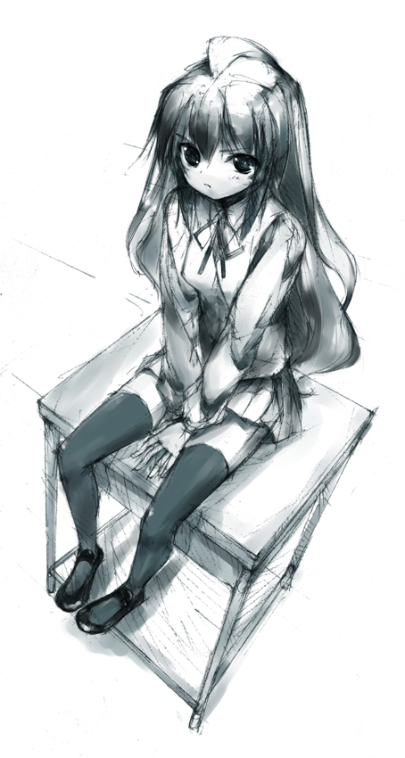 desk, monochrome, repair, sketch, solo, thigh-highs, thighhighs, toradora!