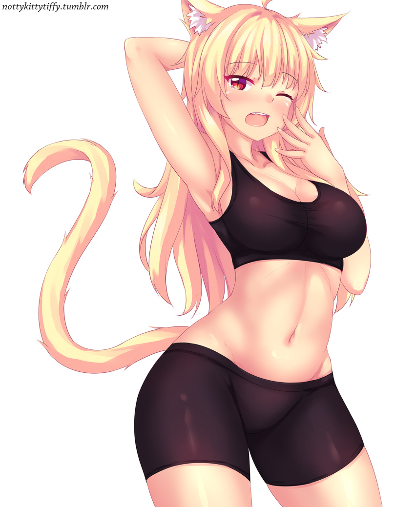 1girl, animal_ears, arm_up, armpits, bike_shorts, blonde_hair, breasts, cat_ears