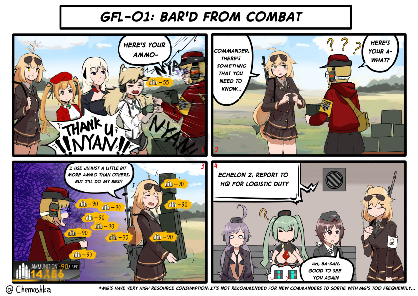 6+girls, ?, absurdres, animal_ears, armband, beret, blonde_hair, blue_hair, brown_hair, brown_jacket, c96_(girls_frontline), chernoshka, comic, commander_(girls_frontline), english, eyewear_on_head, fingers_together, g3_(girls_frontline), gameplay_mechanics, girls_frontline, glasses, gun, hair_ribbon, hat, highres, idw_(girls_frontline), jacket, long_hair, low-tied_long_hair, m1918_bar, m1918_bar_(girls_frontline), machine_gun, micro_uzi_(girls_frontline), multiple_girls, necktie, p38_(girls_frontline), purple_hair, ribbon, short_hair, sten_mk2_(girls_frontline), tagme, twintails, weapon