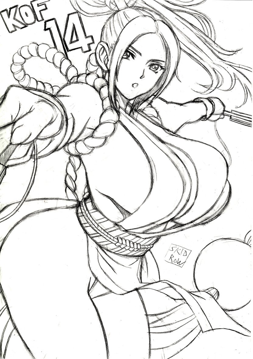 1girl, artist_name, bouncing_breasts, breasts, cleavage, closed_fan, commentary, doodle