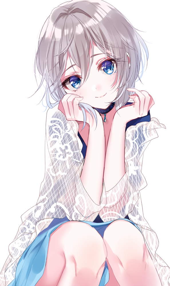 1girl, anastasia_(idolmaster), bangs, blouse, blue_choker, blue_eyes, blue_shirt, blue_skirt
